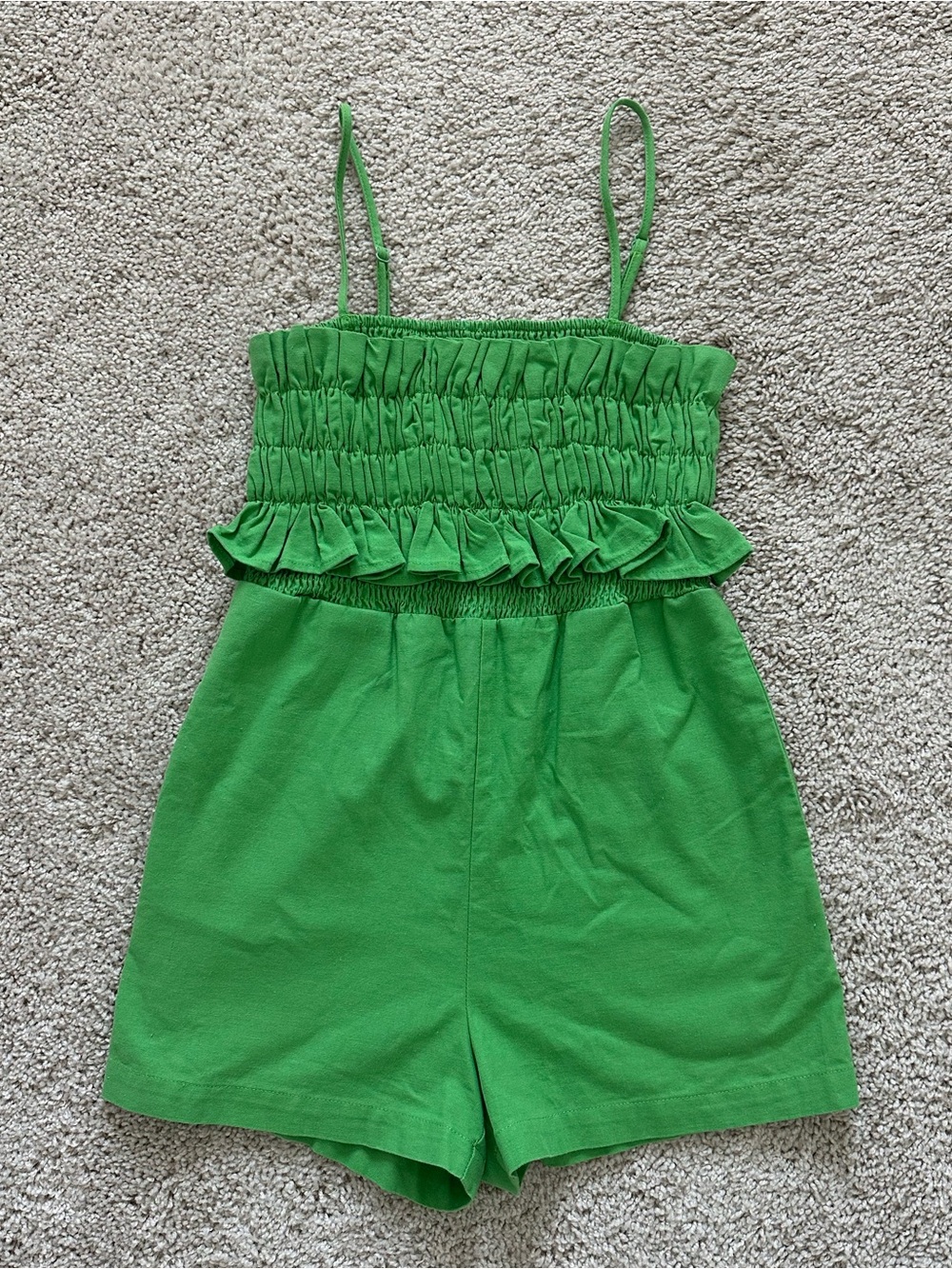 Green Smocked Romper with Ruffle Trim - Women